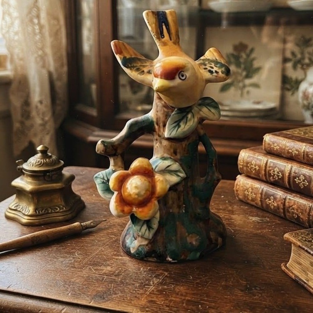Vintage Made in Occupied Japan Bird Figurine Ceramic Tree Stump Flower 4 inch